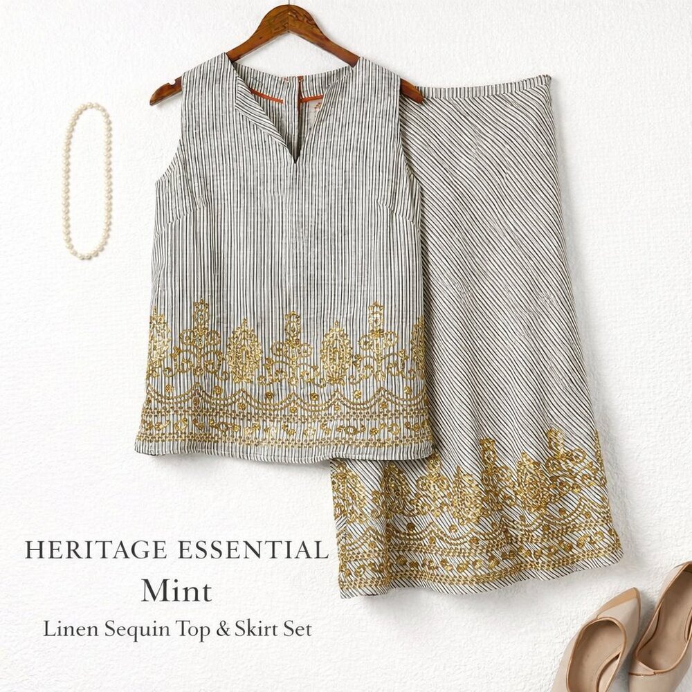 Mint 100% Linen Sequin Top Skirt Set Shell Buttons Size 10